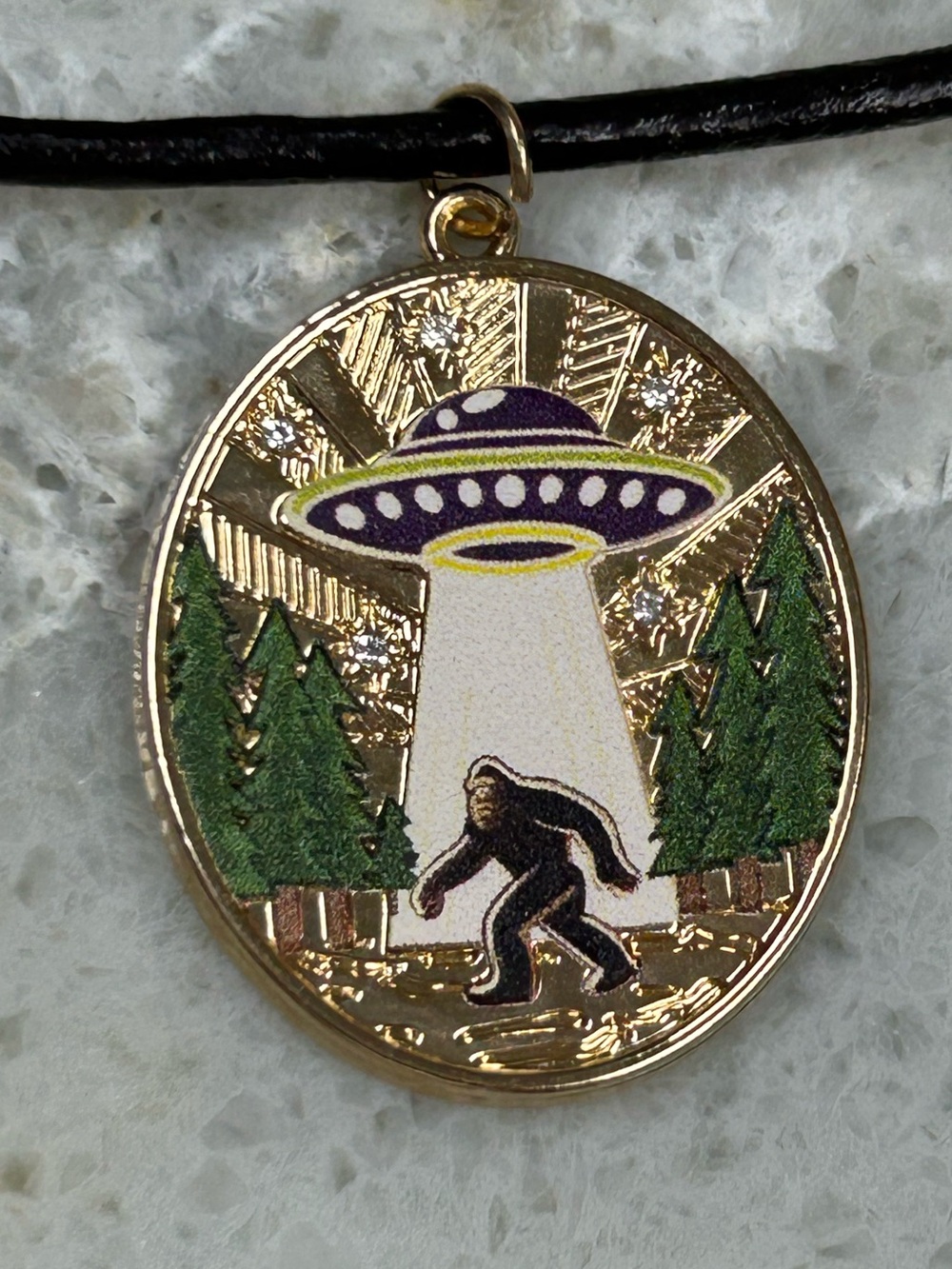 Bigfoot Enamel Pendant Necklace. Genuine Leather Cord. 18”